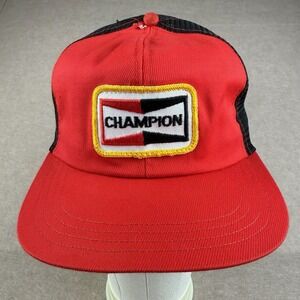 Vintage Champion Spark‎ Plug Trucker Hat Red Black Mesh Cap Union Made USA